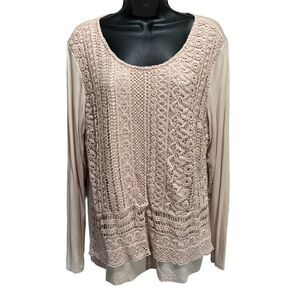 Chico's Blush Pink Crochet‎ Long Sleeve Blouse Size 2 (12/14) Scoop Neck